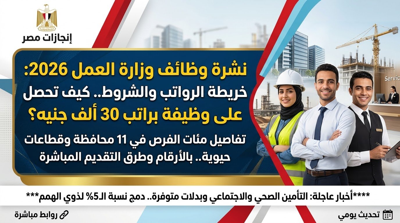 نشرة وظائف وزارة العمل 2026: التخصصات، الرواتب، وطرق التقديم | إنجازات مصر